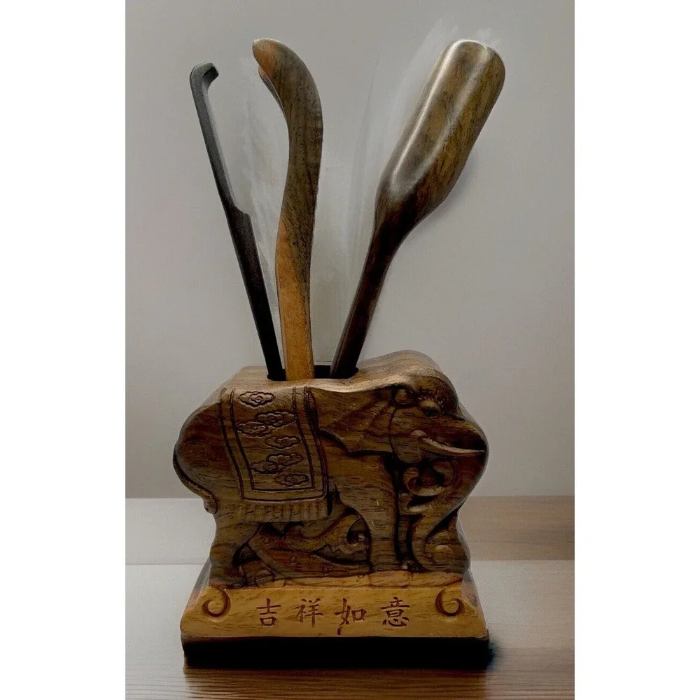 4pc‎ Chinese Cha Dao Ceremony Set with Wood Utensils & Elephant Holder